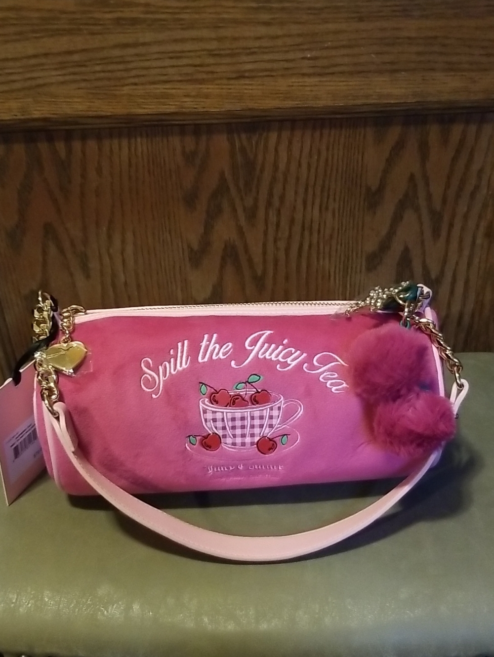 Sale🍒Juicy Couture Pink 'Spill the Juicy Tea' Shoulder Bag with Pom-Pom Charm